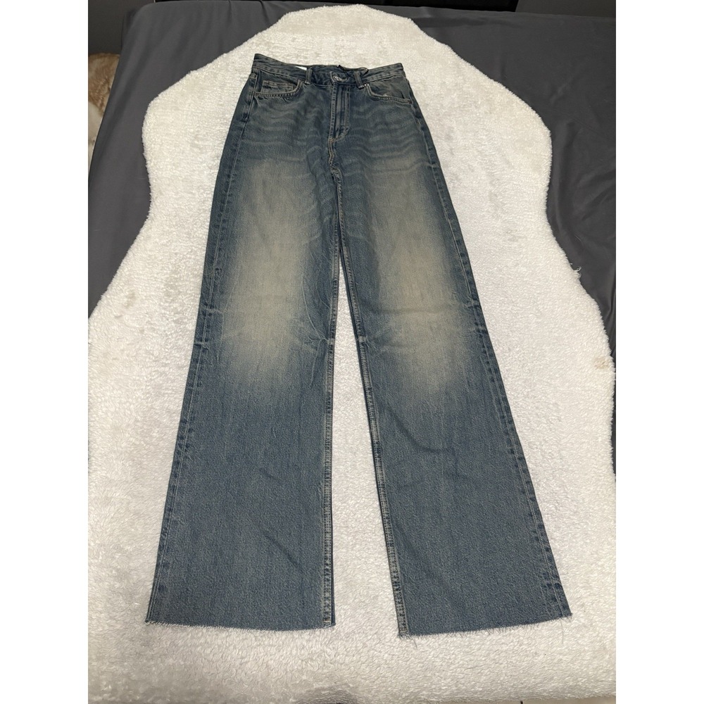 NWT Zara High Rise Wide Leg Jeans Sand Wash Baggy Frayed Raw Hem Puddle Sz 4 36